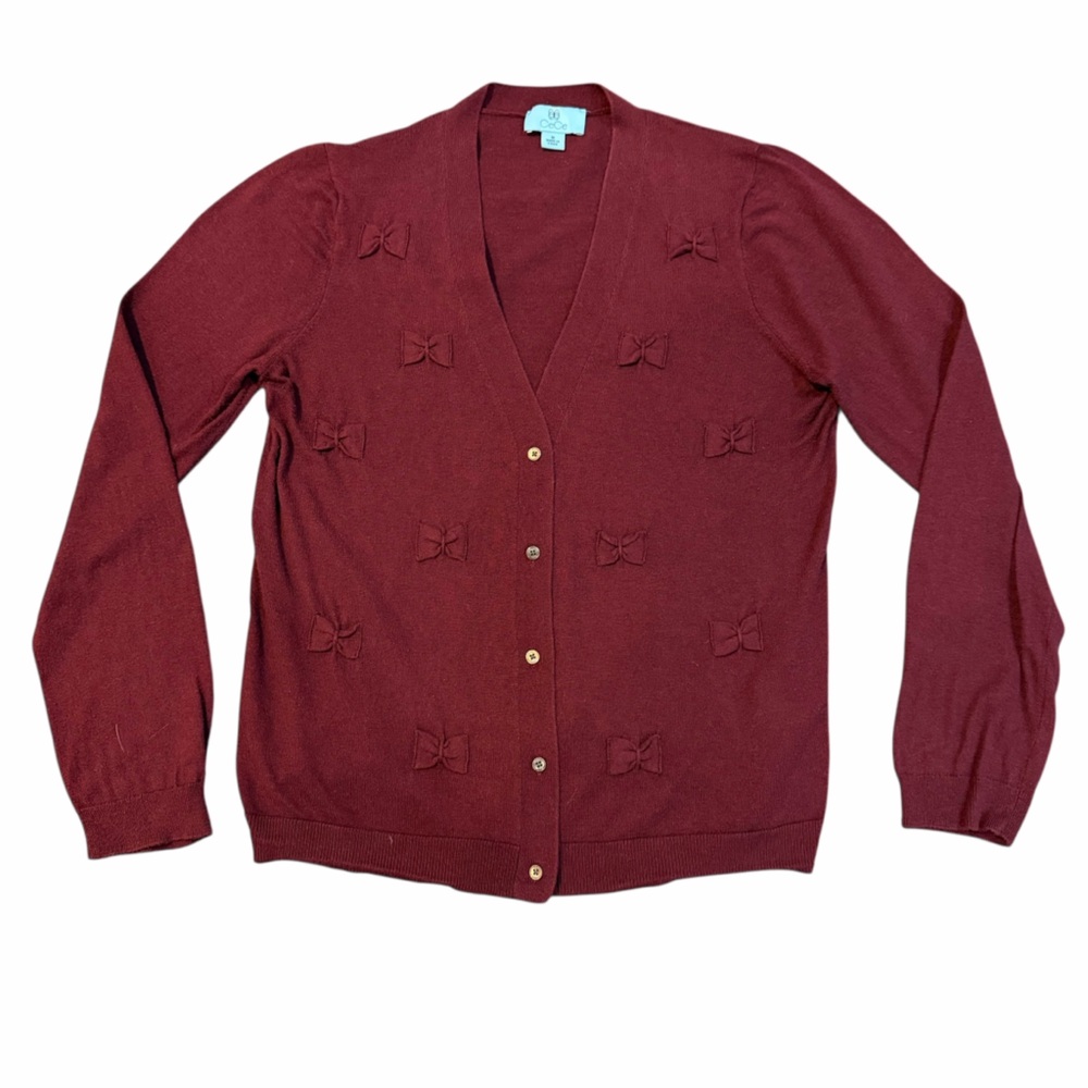 CeCe Bow Cardigan Burgundy Button‎ Front Sweater Women’s M Cottagecore Feminine